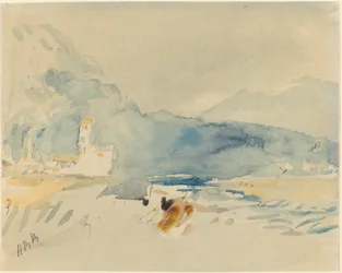 Uma paisagem com montanhas e um riacho