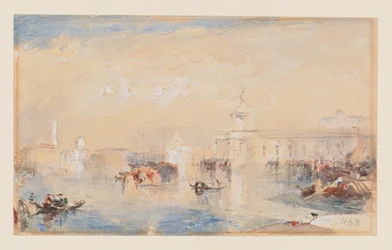Paisagem segundo a obra de Turner "The Dogana, San Giorgio, Citella, from the Steps of Europa" (aguarela, aguarela e lápis sobre papel)