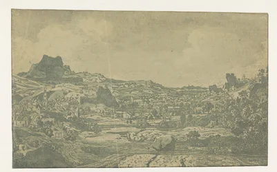 Vale com um rio e uma cidade com quatro torres