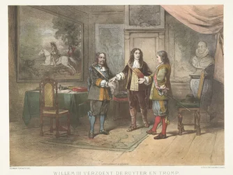 O Príncipe Guilherme III reconcilia Michiel de Ruyter e Cornelis Tromp, 1673
Guilherme III reconcilia de Ruyter e Tromp (título sobre o objecto)