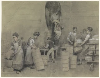 Removendo a cerâmica do forno de De Sphinx em Maastricht