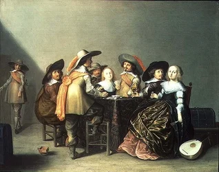 Interior com senhoras e senhores a jogar às cartas