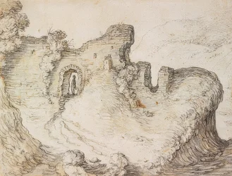 Paisagem montanhosa com ruínas. Por volta de 1650