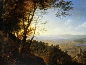 Uma paisagem arborizada com camponeses por uma casa de campo (óleo sobre painel)