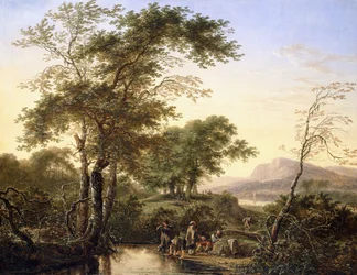 Uma extensa paisagem do rio Italianizado com viajantes à beira da piscina, 1646