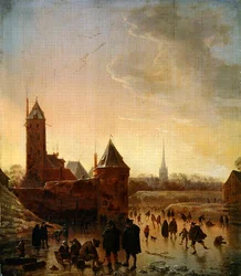 Patinagem no gelo em frente às muralhas da cidade de Utrecht