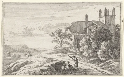 Edifício com uma torre quadrada
Página de título e doze vistas de Roma (título da série)