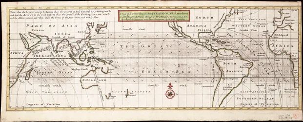 Uma vista dos ventos alísios gerais e costeiros, monções ou ventos alísios inconstantes através do mundo, variações... de acordo com as mais recentes e exactas observações, c.1715 (gravura a cores)