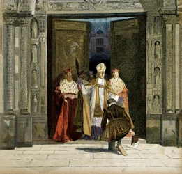 Abjuração de Henrique IV (1553-1610) na abadia de Saint Denis, na presença do arco de Bourges, Renaud de Beaune (1527-1606). O rei abjure Protestantismo em 25 de julho de 1593. Ilustração de Hermann Vogel (1856-1918) em "Henri IV".