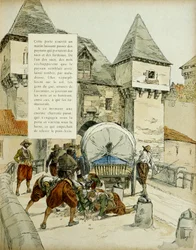 Surpresa de Amiens. Os espanhóis usaram um truque para tomar a cidade de Amiens, em 11 de março de 1597, bloqueando a grade com uma carroça. Ilustração, 1907, de Hermann Vogel