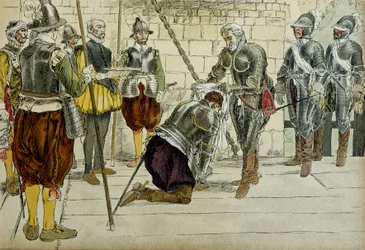 Carlos II de Cosse Brissac (Cosse-Brissac) (1562-1621 ou 1626) feito marechal da França por Henri IV (1553-1610) antes de entrar em Paris em 22 de março de 1594. O antepassado dos mercadores Jean Lhuillier (?) ao lado tem as chaves da cidade. Ilustração 19