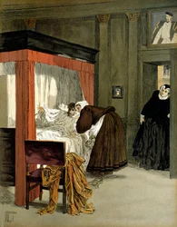 Carlos IX (1550-1574), rei da França, morrendo com a sua enfermeira. Ilustração de Hermann Vogel (1856-1918) em "Henri IV".