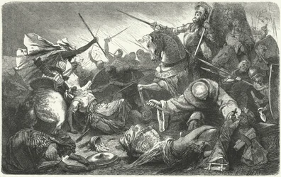 Cristãos lutando contra os almôadas na Batalha de Las Navas de Tolosa, Espanha, 1212