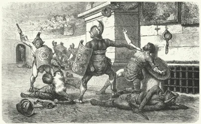 Gladiadores lutando na arena na Roma Antiga