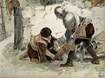 Henri IV (1553-1610) ferido durante um reconhecimento no Aumale contra o exército Mayenne. Ilustração de Hermann Vogel (1856-1918) em "Henri IV".