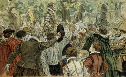 Henrique de Guise (1549-1588), líder da Liga Católica, aclamado pelos parisienses após o Dia das Barricadas (12 de maio de 1588). Ilustração de 1907 de Hermann Vogel (1856-1918). Coleção particular.