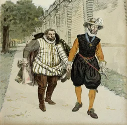 Henrique IV (1553-1610) e Carlos de Lorena, duque de Mayenne (1554-1611). Primeiro encontro de reconciliação entre os dois inimigos, Mayenne, chefe dos liguistas, e o rei, nos jardins do castelo de Montceaux, na Brie, em 1596. Ilustração