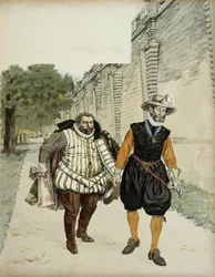 Henrique IV (1553-1610) e Carlos de Lorena, duque de Mayenne (1554-1611). Primeiro encontro de reconciliação entre os dois inimigos, Mayenne, chefe dos membros da Liga, e o rei, nos jardins do castelo de Montceaux, na região de Brie, em 1596. Ilustração