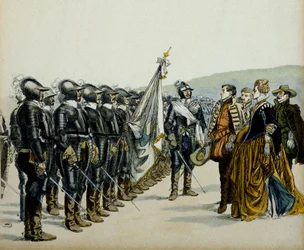 Joana de Albret ou Joana III de Albret (1528-1572) e seu filho Henrique IV (1553-1610) diante de suas tropas protestantes. Ilustração de Hermann Vogel (1856-1918) em "Henri IV".