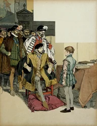 O Rei da França Henrique II (1519-1559) cercado por seus cavalheiros gosta de interrogar Henrique IV (1553-1610) como uma criança para suas reparações. Ilustração de Hermann Vogel (1856-1918) em "Henrique IV".
