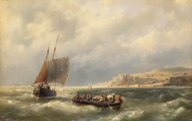 Paisagem marítima com figuras em barcos (óleo sobre tela)