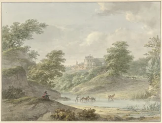 Paisagem com um desenhista sentado e um castelo à beira d