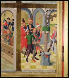 São Vítor de Marselha, derrubando o ídolo pagão, do altar-mor da Igreja de São Nicolau, em 1481 (detalhe) (ver 197689-92)