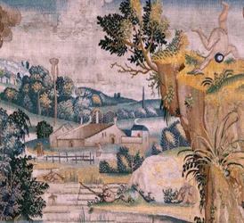 tapeçaria flamenga. Série Quatro tapeçarias após Hieronymus Bosch. Santo Antônio em oração (San Antonio en oración). Segunda tapeçaria da série. Modelo Inspirado no trabalho de Hieronymus Bosch. Fabricação Oficina desconhecida, Bruxelas. Antes de 1560. Fab
