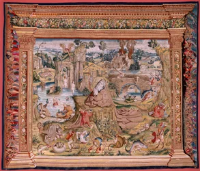Tapeçaria flamenga. Série Quatro tapeçarias após Hieronymus Bosch. Santo António em oração (San Antonio en oración). Segunda tapeçaria da série. Modelo inspirado no trabalho de Hieronymus Bosch. Fabrico Oficina Desconhecida, Bruxelas. Antes de 1560. Tecido