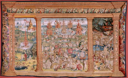 Tapeçaria flamenga. Série Quatro tapeçarias após Hieronymus Bosch. O Jardim das Delícias Terrenas (Jardín de las Delicias). Quarta tapeçaria da série. Modelo inspirado no trabalho de Hieronymus Bosch. Fabrico Oficina Desconhecida, Bruxelas. Antes de 1560. 