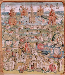 Tapeçaria flamenga. Série Quatro tapeçarias após Hieronymus Bosch. O Jardim das Delícias Terrenas (Jardín de las Delicias). Quarta tapeçaria da série. Modelo inspirado no trabalho de Hieronymus Bosch. Fabrico Oficina Desconhecida, Bruxelas. Antes de 1560. 