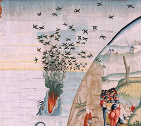 tapeçaria flamenga. Série Quatro tapeçarias após Hieronymus Bosch. Tribulações da vida humana (Tribulaciones de la vida humana). Terceira tapeçaria da série. Modelo Inspirado no trabalho de Hieronymus Bosch. Fabricação Oficina desconhecida, Bruxelas. Antes