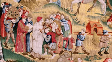 Tapeçaria flamenga. Série Quatro tapeçarias após Hieronymus Bosch. Tribulações da vida humana (Tribulaciones de la vida humana). Terceira tapeçaria da série. Modelo inspirado no trabalho de Hieronymus Bosch. Fabrico Oficina Desconhecida, Bruxelas. Antes de