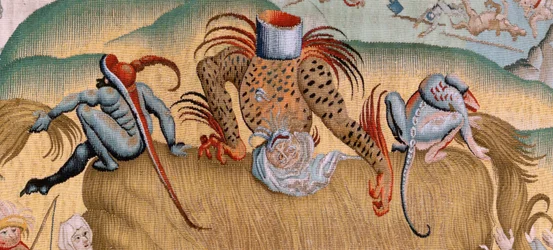 Tapeçaria flamenga. Série Quatro tapeçarias após Hieronymus Bosch. Tribulações da vida humana (Tribulaciones de la vida humana). Terceira tapeçaria da série. Modelo inspirado no trabalho de Hieronymus Bosch. Fabrico Oficina Desconhecida, Bruxelas. Antes de