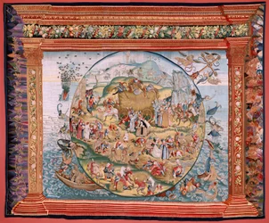 tapeçaria flamenga. Série Quatro tapeçarias após Hieronymus Bosch. Tribulações da vida humana (Tribulaciones de la vida humana). Terceira tapeçaria da série. Modelo Inspirado no trabalho de Hieronymus Bosch. Fabricação Oficina desconhecida, Bruxelas. Antes