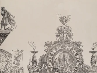O Pináculo do Portal Direito, e um Trompetista e Estandarte do Portal Central, fr..., 1515.