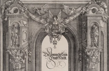 A parte superior da entrada para o Portal Central com uma figura alada segurando o I..., 1515.