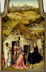 Adoração do Tríptico Magos. Detalhe do painel dentral. Pintura de Hieronymus Van Aeken (Aken) dit Jerome Bosch (1450-1516). 1510-1511. Madrid. Museu do Prado.
