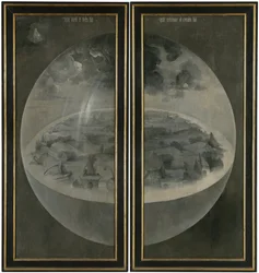 A criação do mundo que representa a esfera cósmica da Terra (Bubble). Atrás das abas do tríptico "O jardim das delícias terrenas" . Pintura de Hieronymus Van Aeken (Aken) chamada Jerome Bosch (1450-1516)