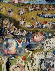 Homens e mulheres a desfrutar das delícias da Terra. Pormenor da parte central do tríptico «O Jardim das Delícias Terrenas» de Hieronymus van Aeken, dito Hieronymus Bosch (1450-1516)