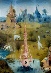 Paraíso - A fonte. Pormenor da parte esquerda do tríptico «O Jardim das Delícias» de Hieronymus Van Aeken (Aken), dito Hieronymus Bosch (1450-1516)
