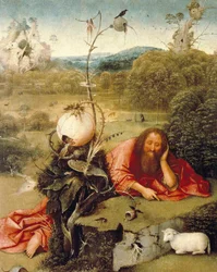 “" São João Baptista adormecido na natureza "" Pintura de Hieronymus Van Aeken (Aken) diz Jerome Bosch (1450-1516) 1504-1505 Madrid. Fundação Lazaro Galdiano