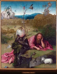 São João Batista no deserto - Pintura de Jheronimus van Aken, este Jerônimo (Hieronymus) Bosch (ca. 1450 -1516), óleo sobre madeira, 48,5x40 cm, cerca de 1489 - Madrid, Museo Lazaro Galdiano