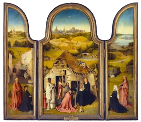 A Adoração dos Magos ou a Epifania, tríptico. Pintura de Hieronymus Van Aeken (Aken), chamado Hieronymus Bosch (1450-1516). 1510-1511. Madrid. Museo del Prado.