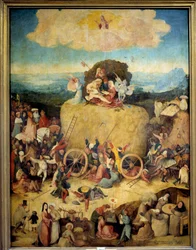 O carro de feno alegórico de homens e mulheres que procuram tirar o maior proveito do tempo presente. Painel central do tríptico alegórico sobre o passado e o presente de Hieronymus Van Aeken (Aken), conhecido como Hieronymus Bosch (1450-1516), cerca de