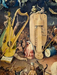 O Detalhe do Inferno da parte direita do tryptic de "The Garden of Terrestrial Delices" de Hieronymus Van Aeken (Aken) dit Jerome Bosch (1450-1516)