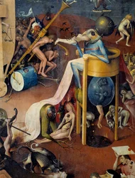 O Detalhe do Inferno da parte direita do tryptic de "The Garden of Terrestrial Delices" de Hieronymus Van Aeken (Aken) dit Jerome Bosch (1450-1516)