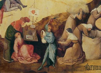 O puxador de dente, o jogador de gaita e os coletores de madeira, detalhe do painel central do Triptych de Haywain, c.1515 (detalhe de 3429)