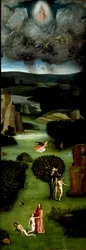 Tryptic of the Last Judgement (Das Weltgerichts-Triptychon): painel esquerdo representando Adão e Eva no Paraíso. De baixo para cima: a criação (nascimento) de Eva, a tentação de Adão e Eva (pecado original) e a sua expulsão do Jardim do Éden. De baixo par