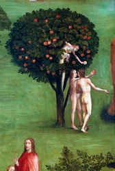 Tryptic of the Last Judgement, painel esquerdo. Adão e Eva no Paraíso, detalhe (pintura sobre madeira, c.1504)